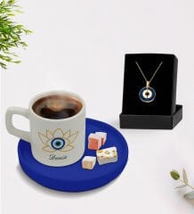 BK Gift Kişiye Özel İsimli Mavi Sunum Tabaklı Türk Kahvesi Fincanı ve Açılan Nazar Kolye Hediye Seti -13