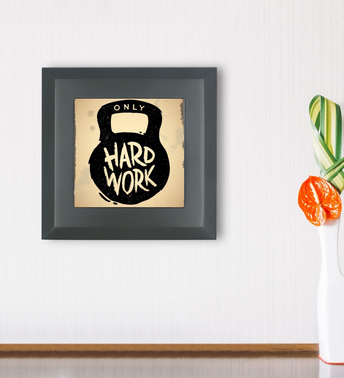 BK Gift Only Work Hard Tasarımlı Ahşap Çerçeveli Taş Duvar Dekoru-1