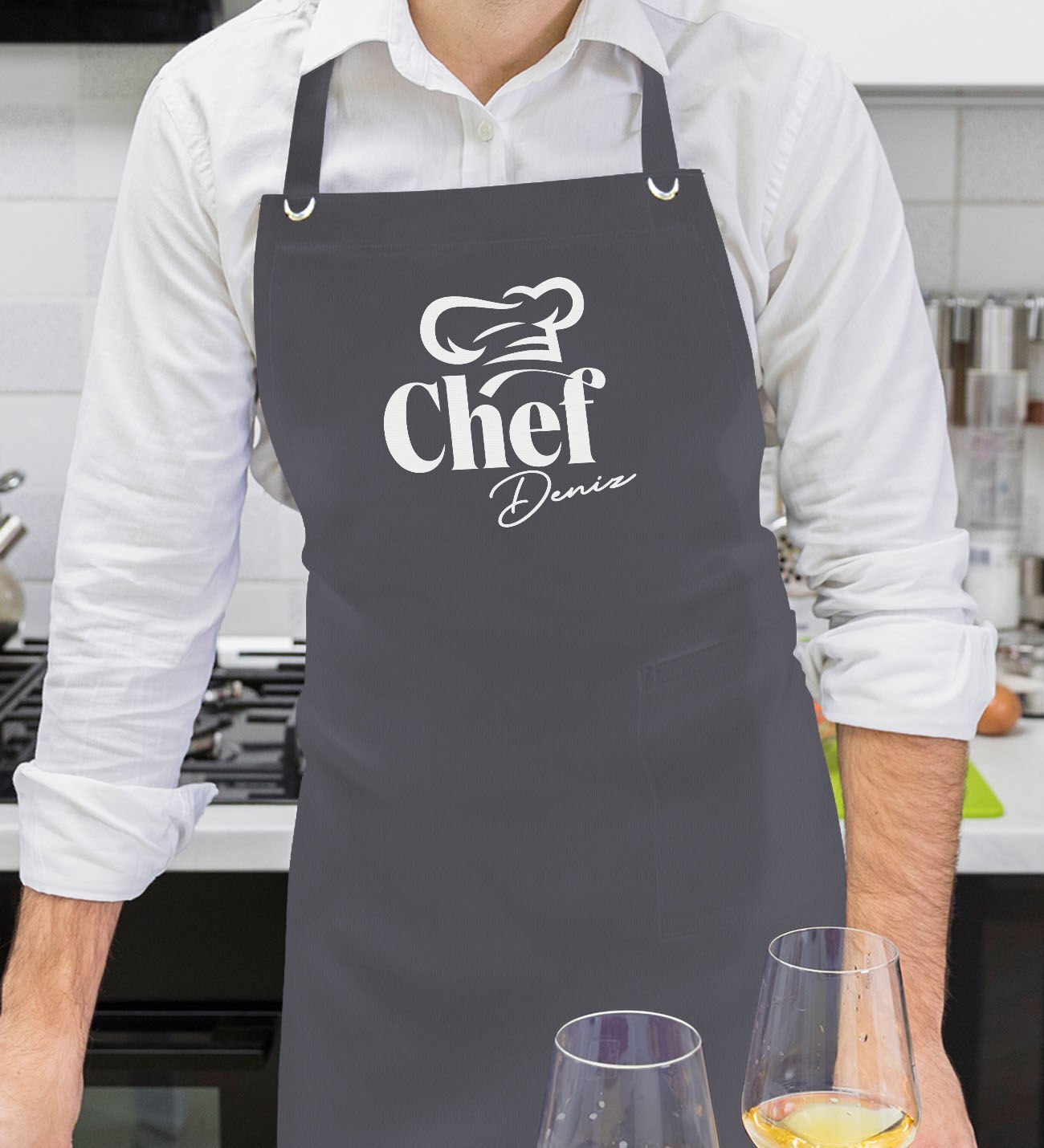 BK Gift Kişiye Özel İsimli Chef Tasarımlı Profesyonel Antrasit Mutfak Önlüğü, Aşçı Önlüğü, Şef Önlüğü, Arkadaşa Hediye-9