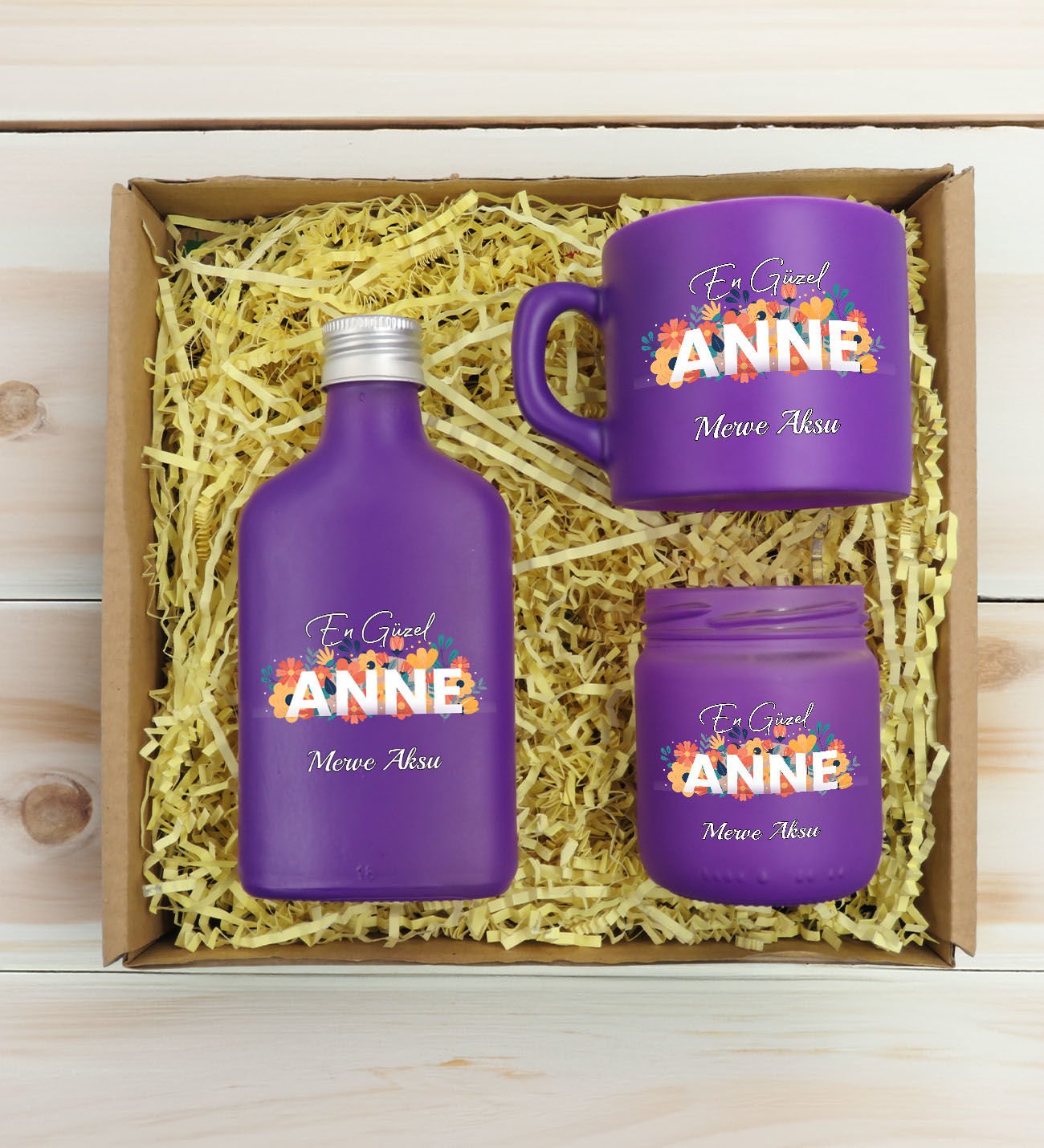 BK Gift Kişiye Özel İsimli DTF Anne Temalı Mor Kahve Fincanı & Kolonya & Mum Hediye Seti-2, Anneye Hediye, Anneler Günü Hediyesi