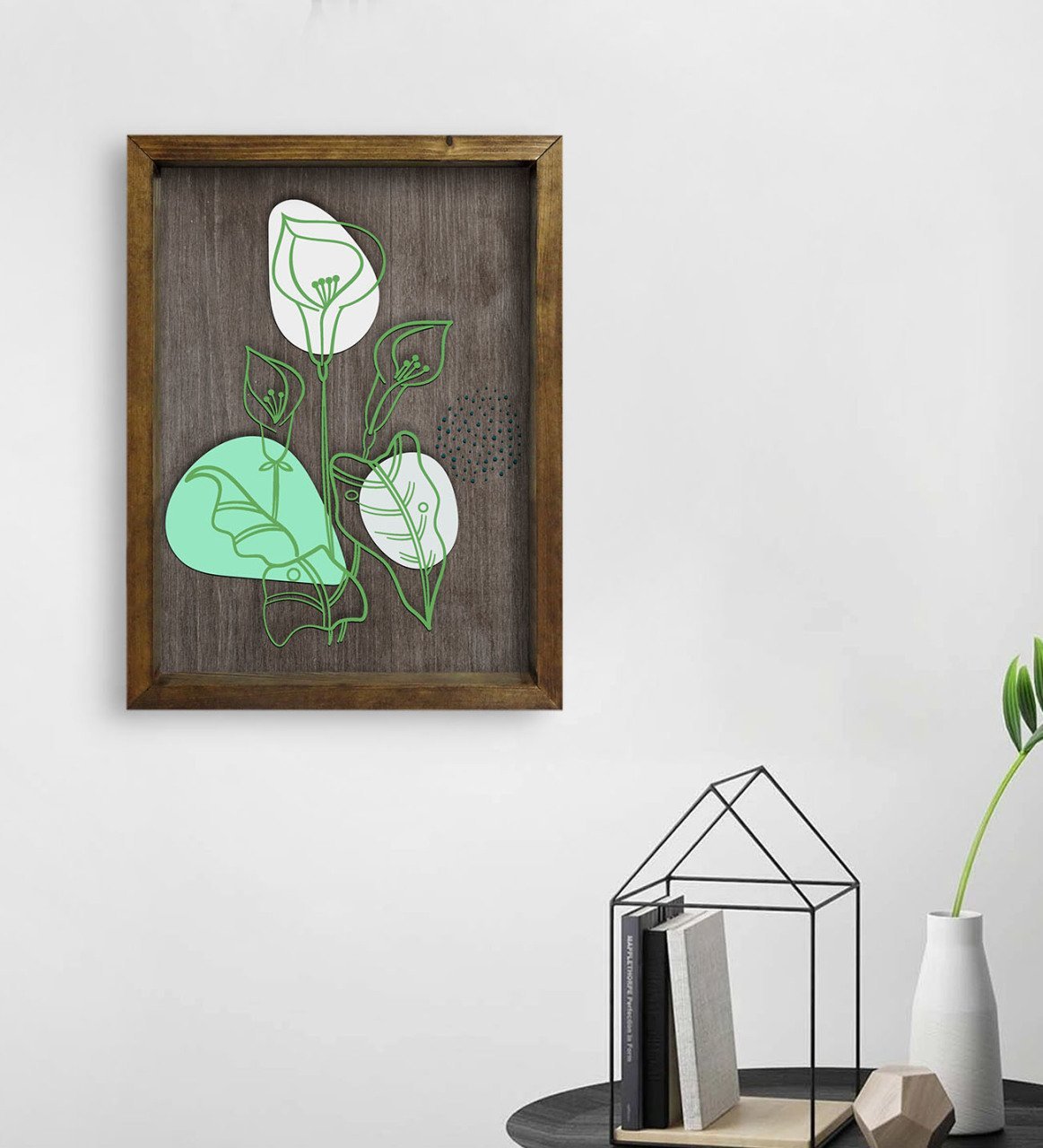 BK Home Minimal Çiçekler Tasarımlı Doğal Masif Ahşap Çerçeveli Tablo 45x65cm-1