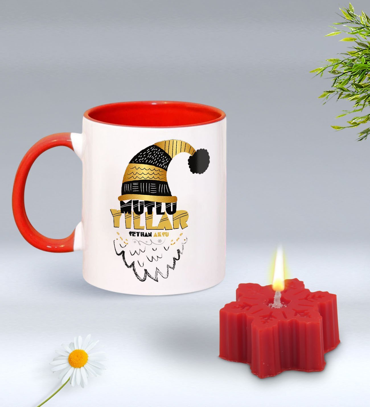 Yılbaşı Hediyesi BK Gift Kişiye Özel Yeni Yıl Tasarımlı Kırmızı Kupa Bardak ve Kırmızı Kar Tanesi Kokulu Mum Hediye Seti-6, Sevgiliye, Arkadaşa Hediye