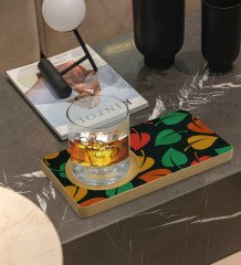 Kişiye Özel Yapraklar Tasarımlı Doğal Ahşap Tabaklı Viski Bardağı Sunum Seti Model 7