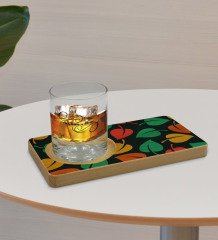 Kişiye Özel Yapraklar Tasarımlı Doğal Ahşap Tabaklı Viski Bardağı Sunum Seti Model 7