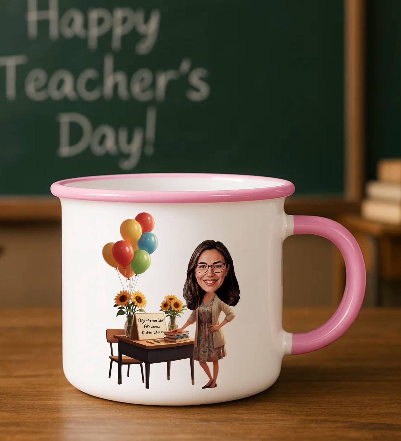 BK Gift Kişiye Özel Öğretmen Karikatürlü Pembe Emaye Kupa Bardak -2, Öğretmene Hediye, Öğretmenler Günü Hediyesi