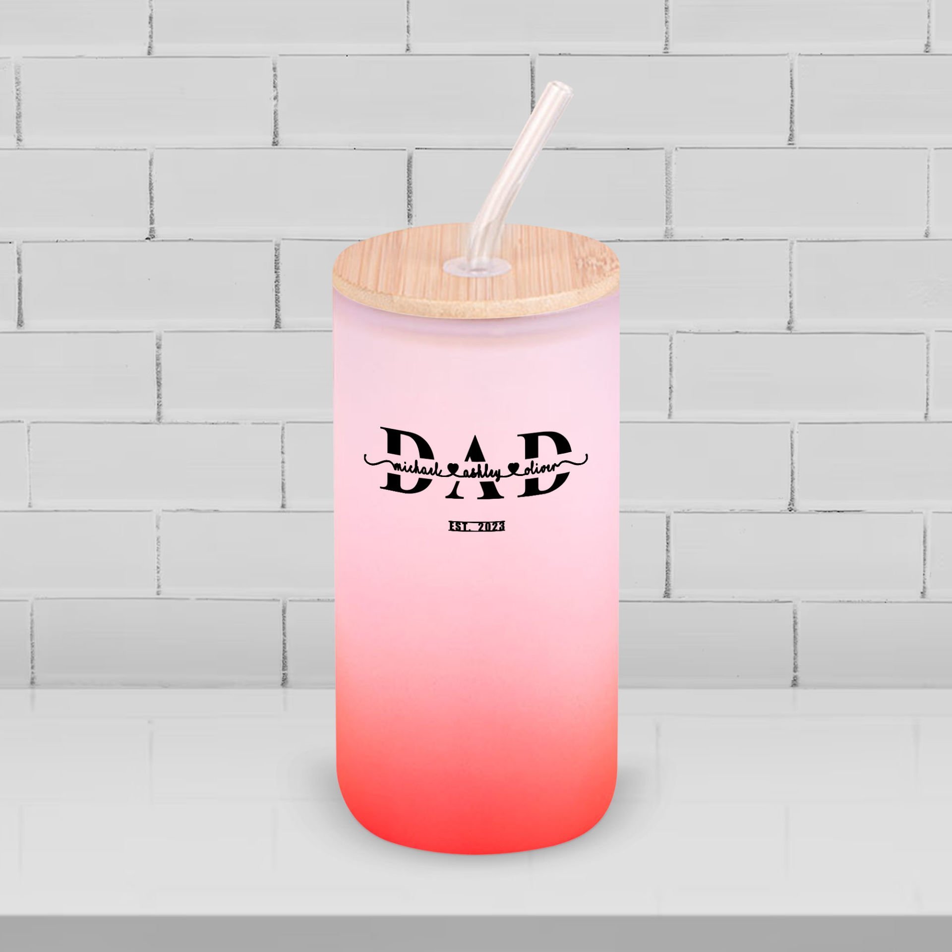 BK Gift İsimli Dad Tasarımlı Kırmızı Renk Pipetli Buzlu Cam Bardak 600ml - 1, Babaya Hediye, Doğum Günü Hediyesi