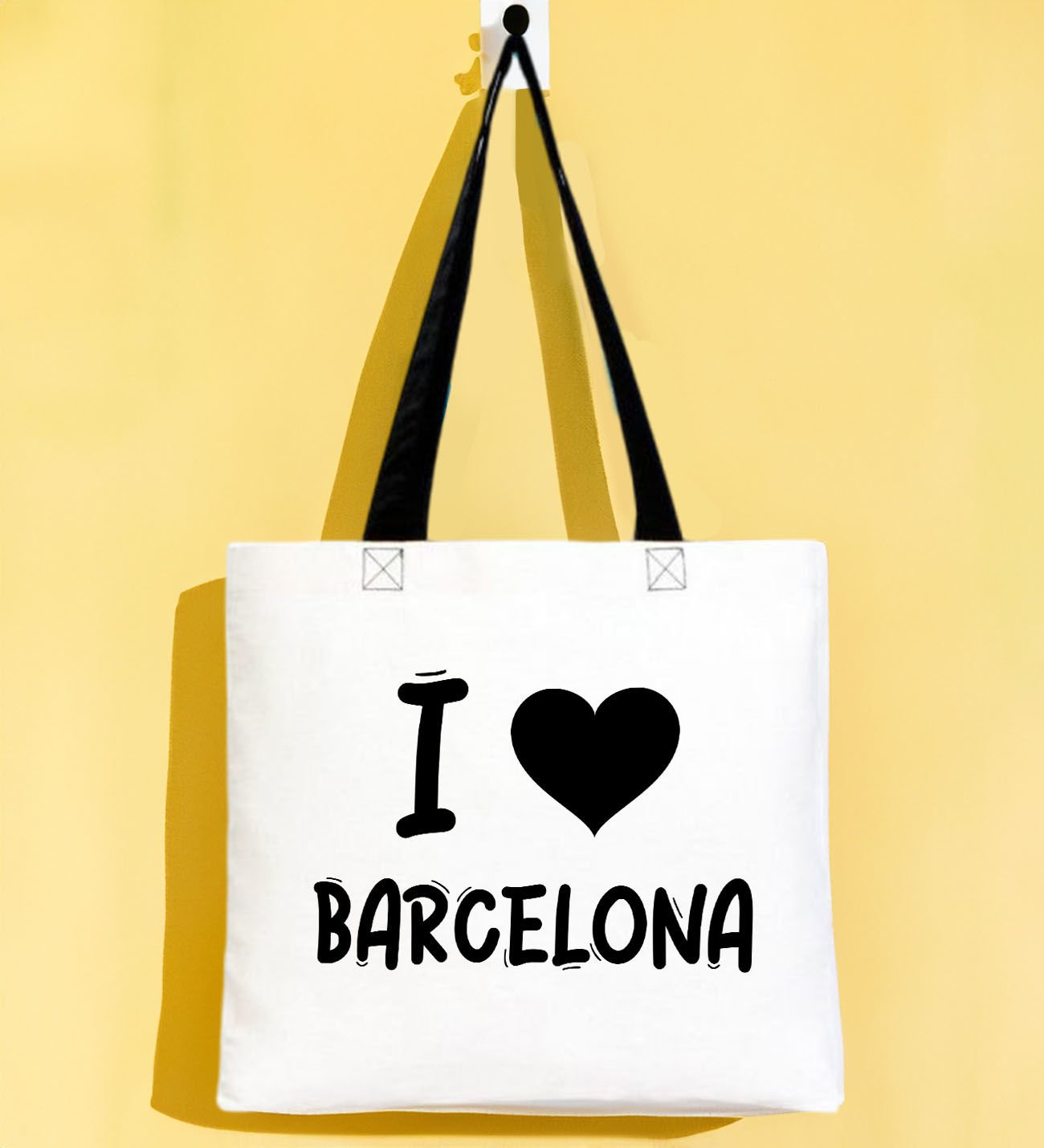 BK Gift I Love Barcelona Siyah Renkli Kulp Gabardin Bez Çanta 40x35cm, Baskılı Omuz Çantası, Alışveriş Çantası, Plaj Çantası