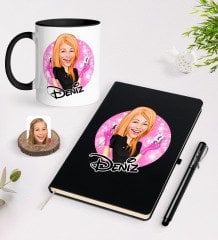 Kişiye Özel Kadın Güzellik Uzmanı Karikatürlü Siyah Defter Kalem ve Kupa Seti-3