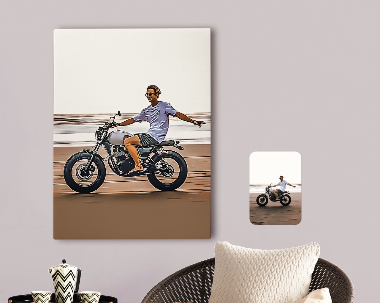 Kişiye Özel Tam Boy Motosikletli Adam Karikatürlü Kanvas Tablo 70x100cm-1
