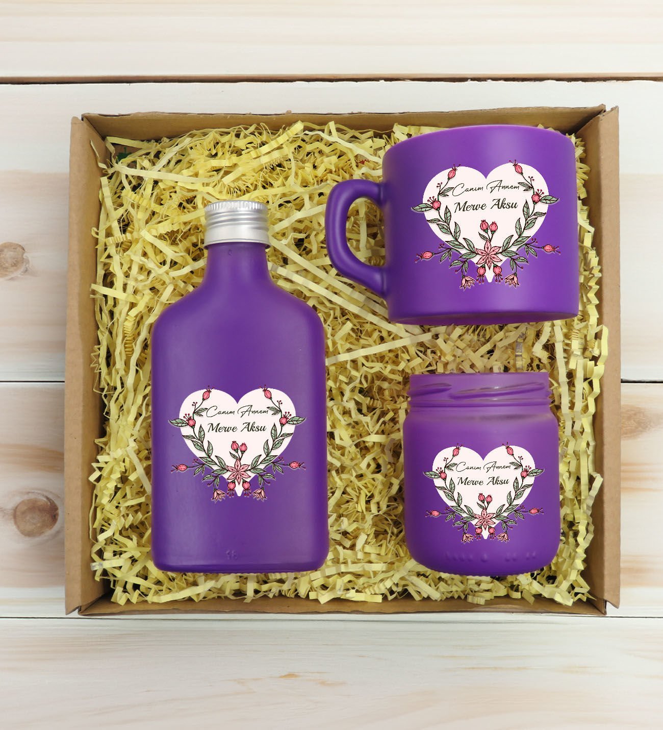 BK Gift Kişiye Özel İsimli DTF Anne Temalı Mor Kahve Fincanı & Kolonya & Mum Hediye Seti-5, Anneye Hediye, Anneler Günü Hediyesi
