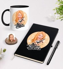 Kişiye Özel Kadın Kuaför Karikatürlü Siyah Defter Kalem ve Kupa Seti-2