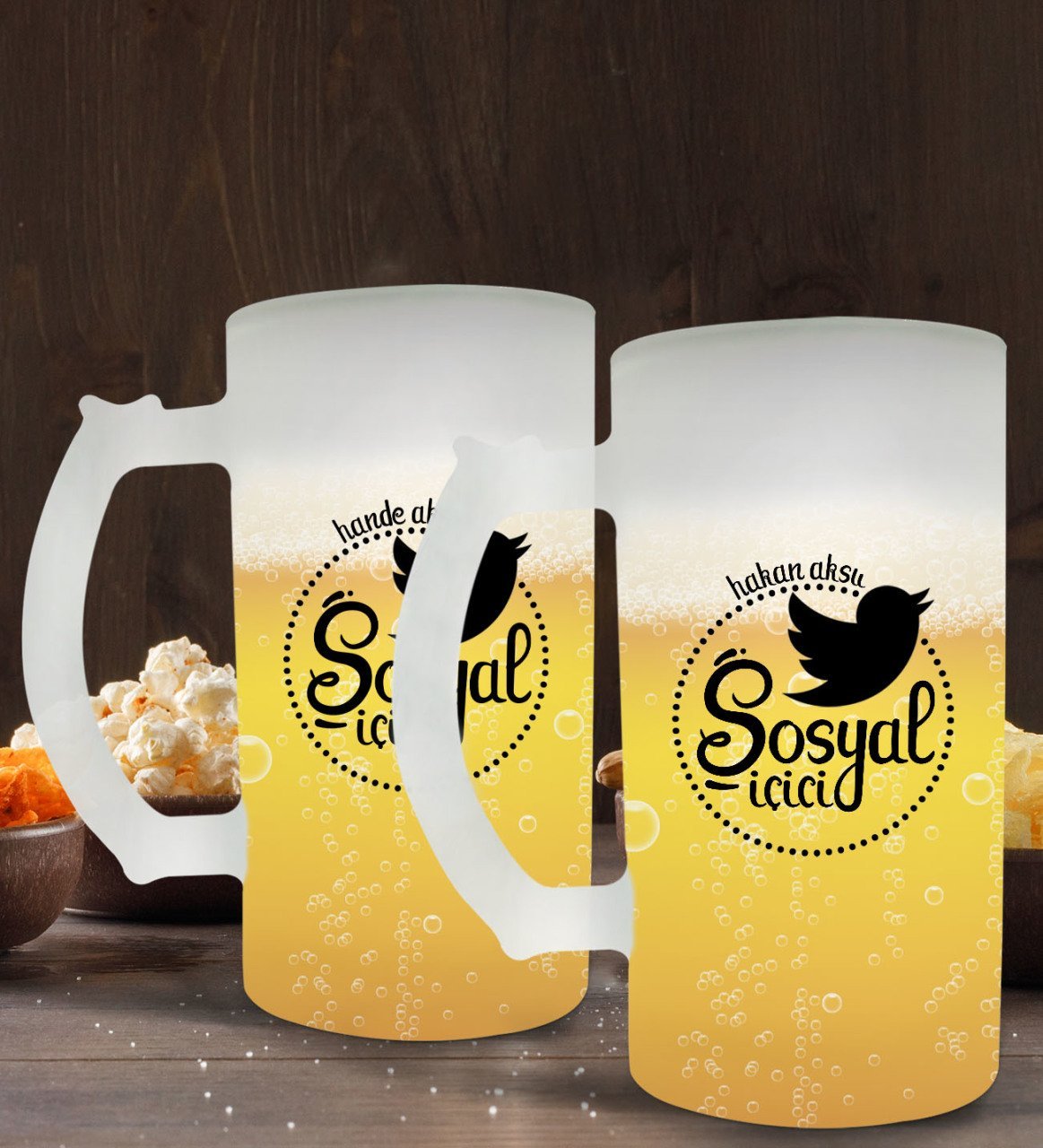 Kişiye Özel Sosyal İçici Tasarımlı 2’li Buzlu Cam Bira Bardağı 50cl-1