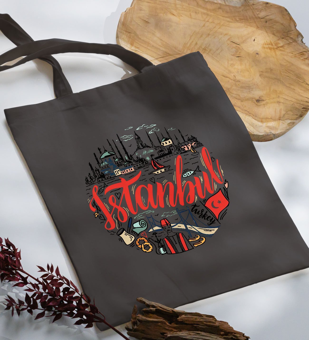 BK Gift İstanbul Tasarımlı-1 Antrasit Kumaş Bez Çanta, Baskılı Omuz Çantası, Alışveriş Çantası, Anneye Hediye