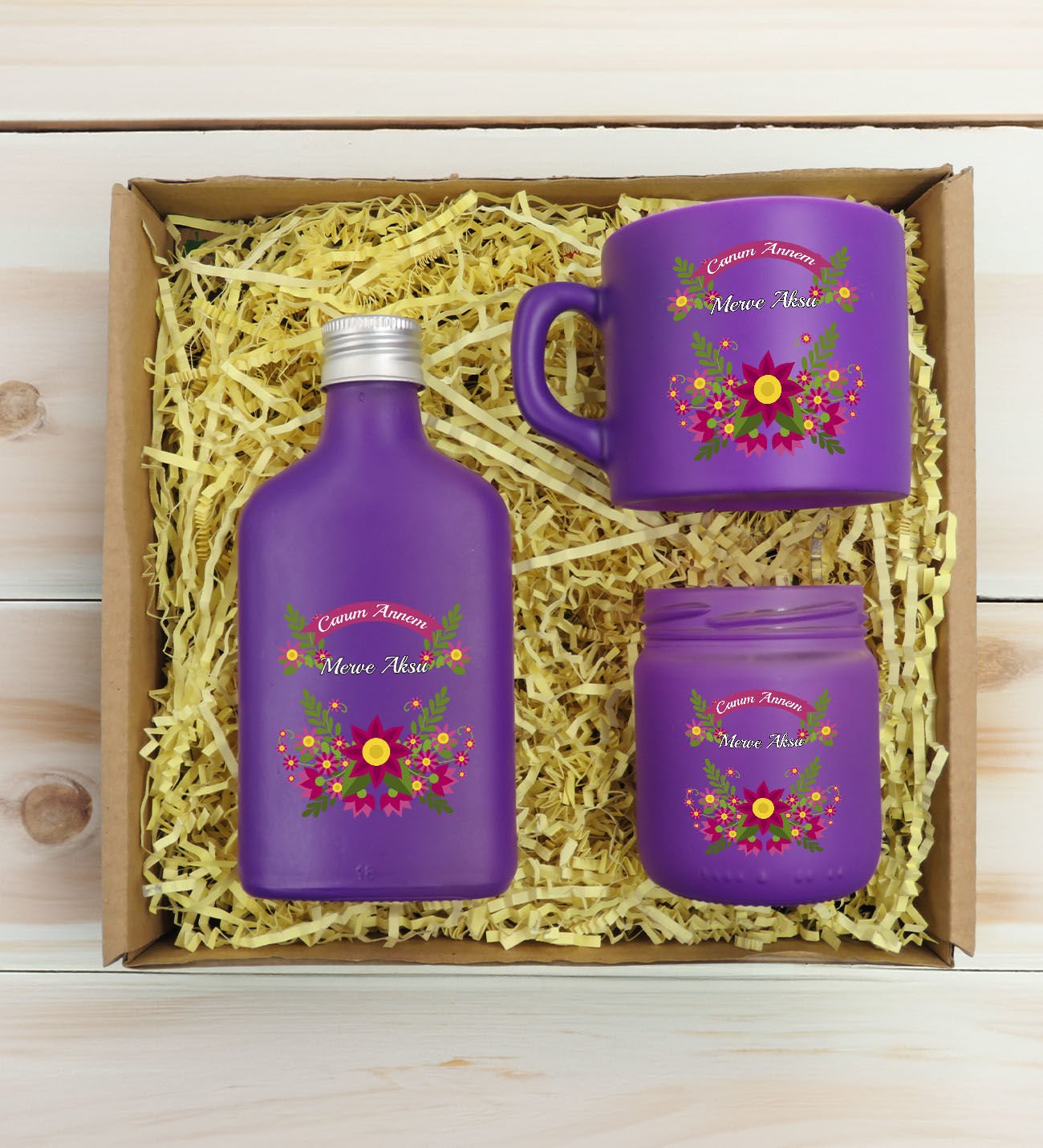 BK Gift Kişiye Özel İsimli DTF Anne Temalı Mor Kahve Fincanı & Kolonya & Mum Hediye Seti-6, Anneye Hediye, Anneler Günü Hediyesi