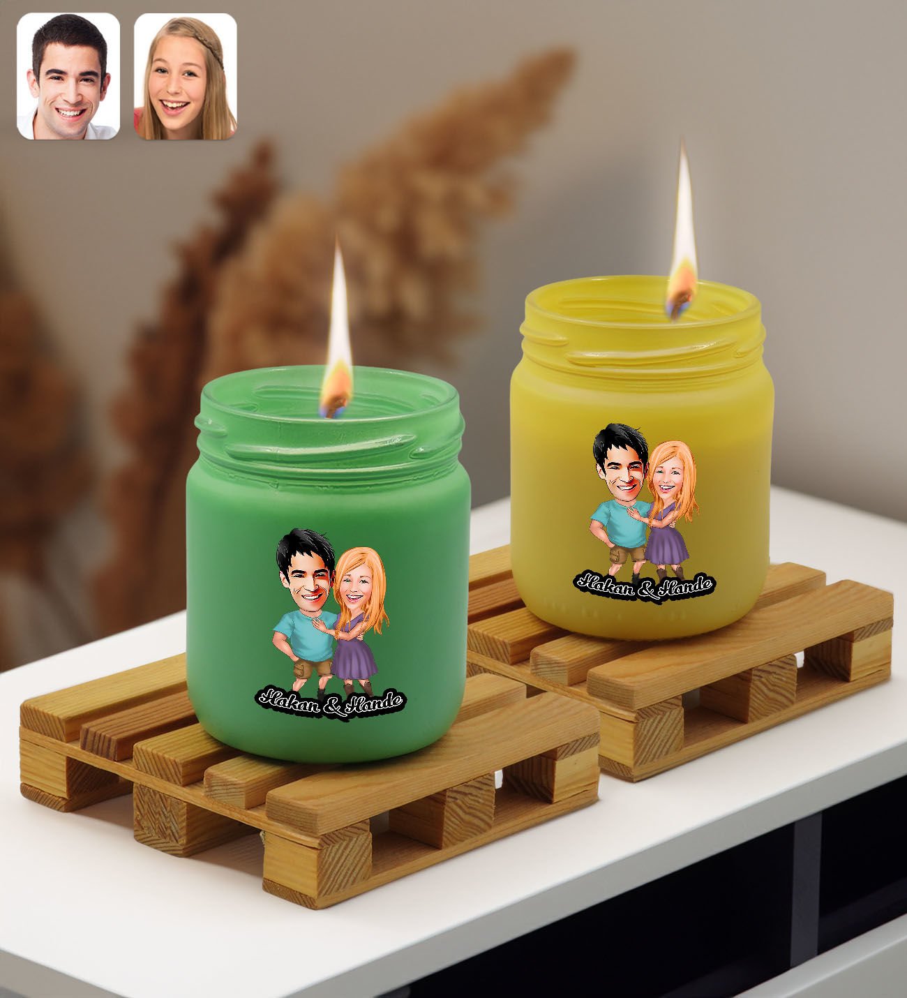 BK Gift Kişiye Özel DTF Karikatürlü 2’li Yeşil ve Sarı Renkli Cam Kavanozda Kokulu Mum-1, Arkadaşa Hediye, Sevgiliye Hediye