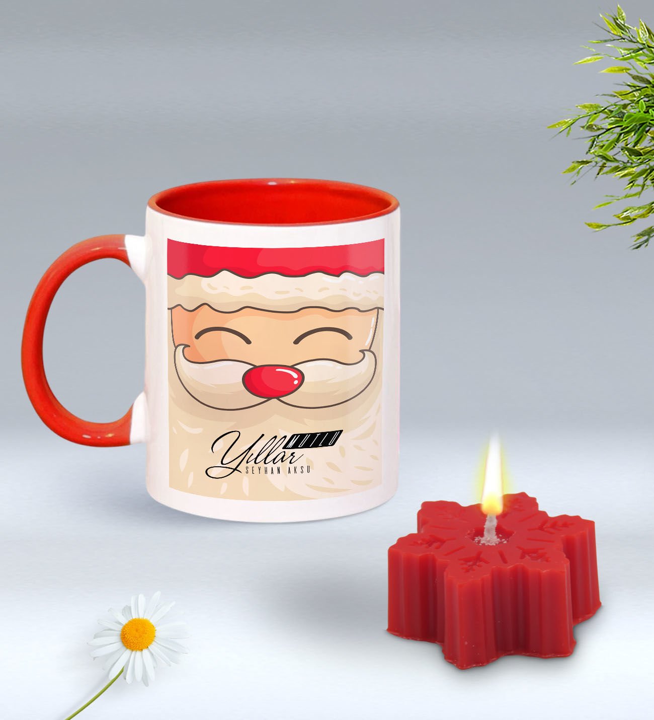 Yılbaşı Hediyesi BK Gift Kişiye Özel Yeni Yıl Tasarımlı Kırmızı Kupa Bardak ve Kırmızı Kar Tanesi Kokulu Mum Hediye Seti-9, Sevgiliye, Arkadaşa Hediye