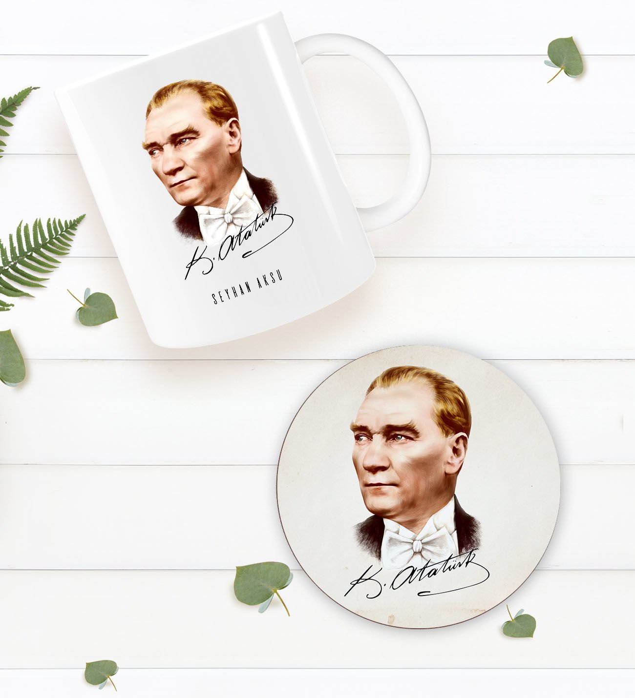 BK Gift Kişiye Özel Atatürk Temalı Beyaz Kupa Bardak ve Yuvarlak Ahşap Bardak Altlığı Hediye Seti -15