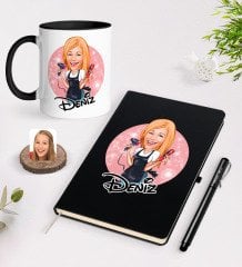 Kişiye Özel Kadın Kuaför Karikatürlü Siyah Defter Kalem ve Kupa Seti-3