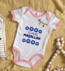 BK Kids Kişiye Özel Maşallah Tasarımlı Pembe Bebek Body Zıbın ve Kız Bebek İğnesi Hediye Seti-2