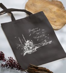 BK Gift İstanbul Tasarımlı-2 Antrasit Kumaş Bez Çanta, Baskılı Omuz Çantası, Alışveriş Çantası, Anneye Hediye