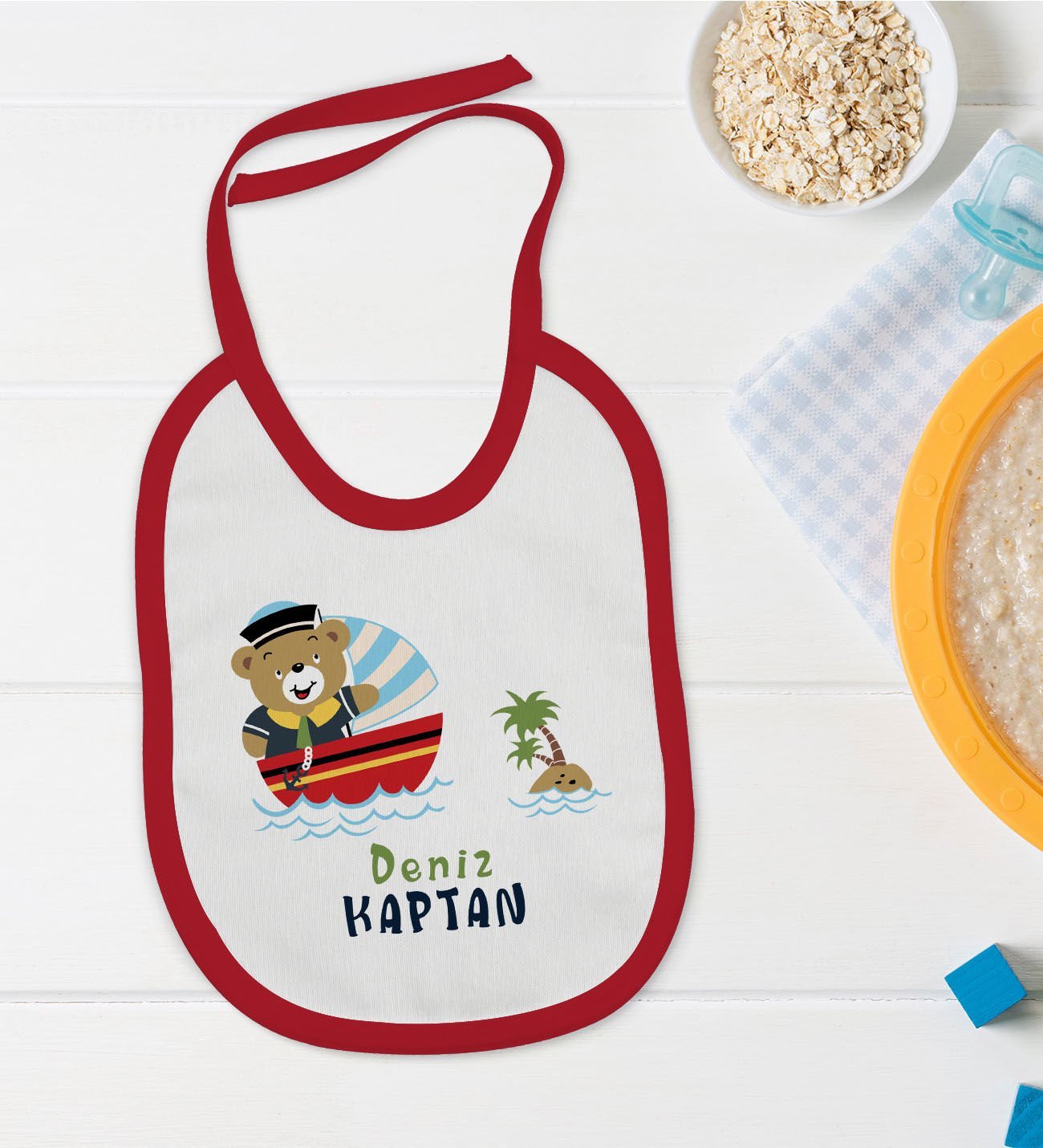 BK Kids Kişiye Özel Sevimli Kaptan Tasarımlı Kırmızı Bebek Mama Önlüğü-2