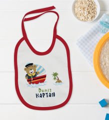 BK Kids Kişiye Özel Sevimli Kaptan Tasarımlı Kırmızı Bebek Mama Önlüğü-2