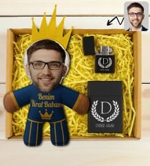 BK Gift Kişiye Özel Fotoğraflı Kral Babam Tasarımlı Bebek Yastık-2 & Sigara Kutusu & Çakmak Hediye Seti-2, Babalar Günü Hediye, Babaya Hediye