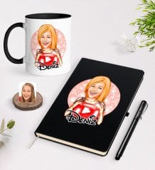 Kişiye Özel Kadın Youtuber Karikatürlü Siyah Defter Kalem ve Kupa Seti-1