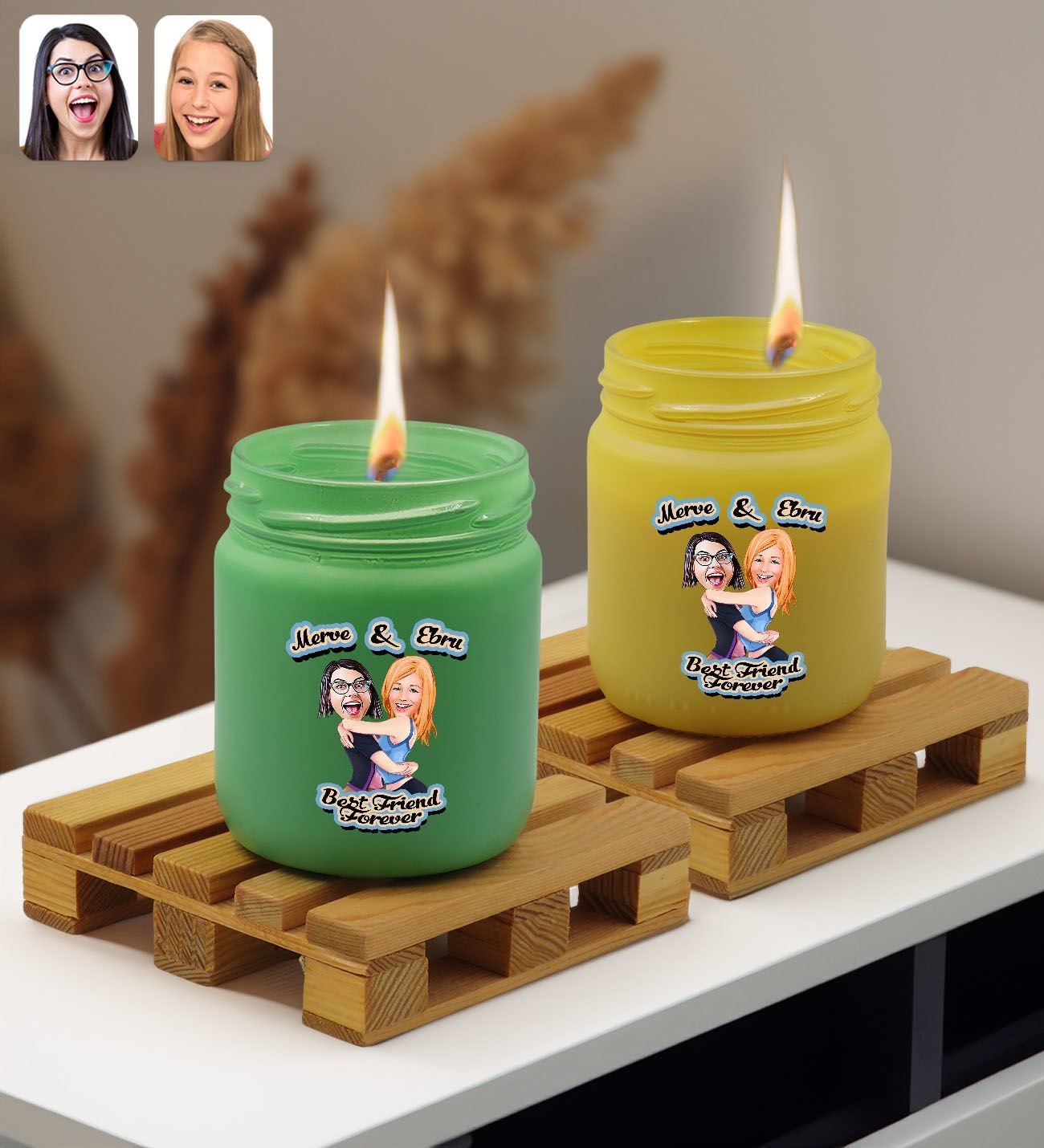 BK Gift Kişiye Özel DTF Best Friend Karikatürlü 2’li Yeşil ve Sarı Renkli Cam Kavanozda Kokulu Mum-1, Arkadaşa Hediye, Sevgiliye Hediye