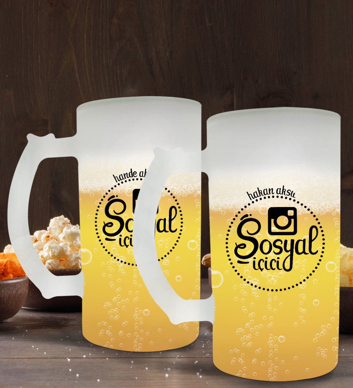 Kişiye Özel Sosyal İçici Tasarımlı 2’li Buzlu Cam Bira Bardağı 50cl-4