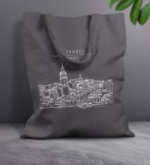 BK Gift İstanbul Tasarımlı-4 Antrasit Kumaş Bez Çanta, Baskılı Omuz Çantası, Alışveriş Çantası, Anneye Hediye