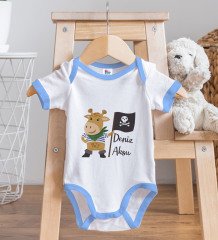 BK Kids Kişiye Özel Sevimli Korsan Tasarımlı Mavi Bebek Body Zıbın ve Mama Önlüğü Hediye Seti-3