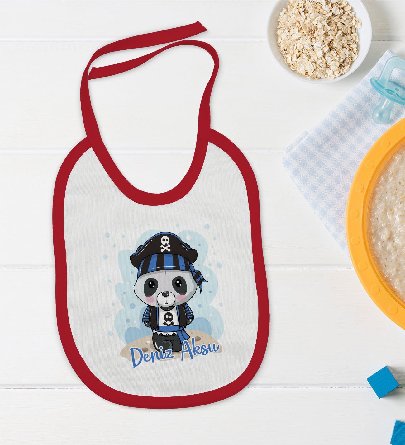 BK Kids Kişiye Özel Sevimli Korsan Tasarımlı Kırmızı Bebek Mama Önlüğü-2