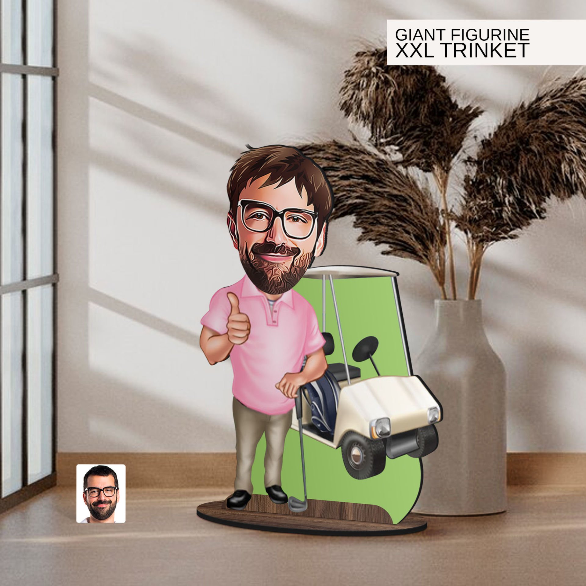 BK Gift Kişiye Özel Golf Oyuncusu Karikatürlü Büyük Boy Ahşap Biblo-7 Arkadaşa Hediye , Sevgiliye Hediye, Kişiye Özel Biblolar