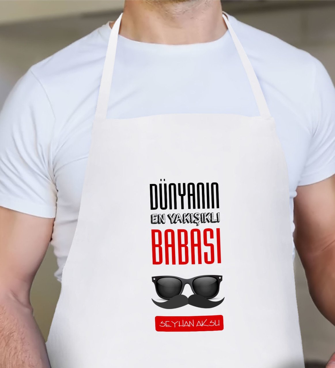 Kişiye Özel Dünyanın En Yakışıklı Babası Tasarımlı Beyaz Mutfak Önlüğü-2