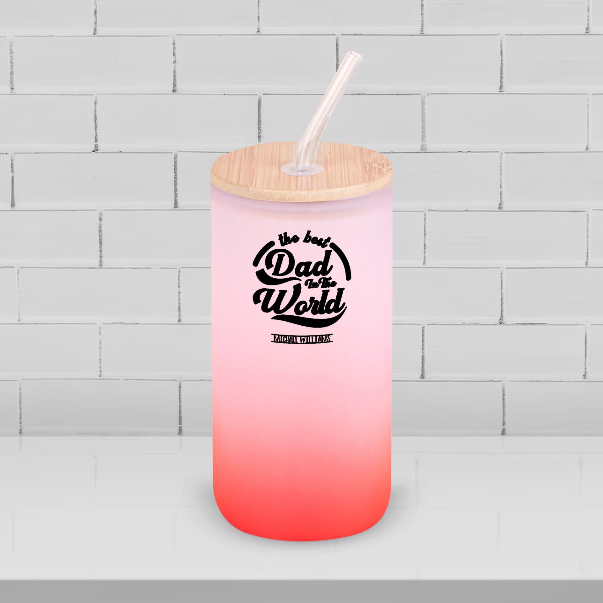 BK Gift İsimli Dad Tasarımlı Kırmızı Renk Pipetli Buzlu Cam Bardak 600ml - 6, Babaya Hediye, Doğum Günü Hediyesi