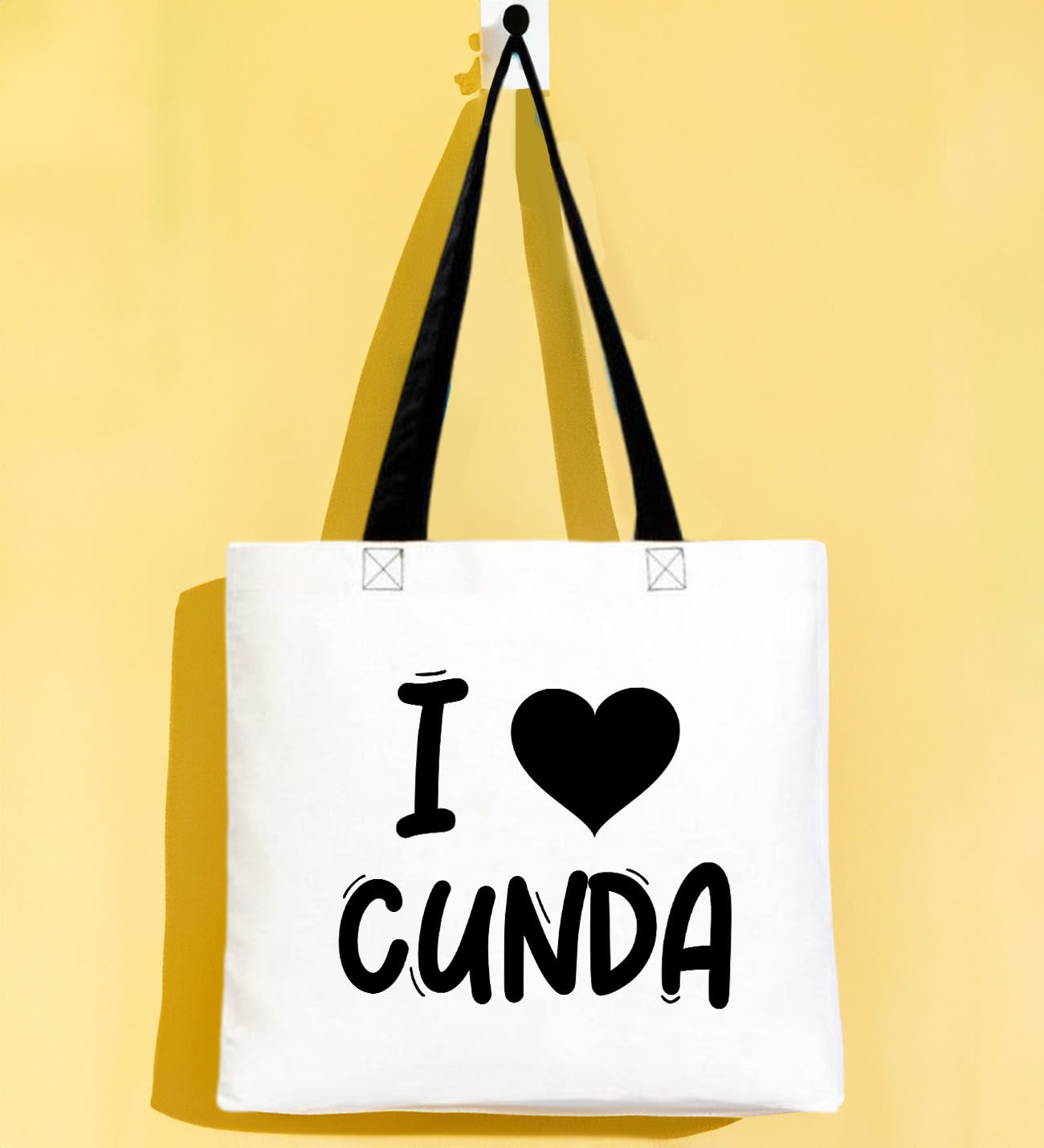 BK Gift I Love Cunda Siyah Renkli Kulp Gabardin Bez Çanta 40x35cm, Baskılı Omuz Çantası, Alışveriş Çantası, Plaj Çantası