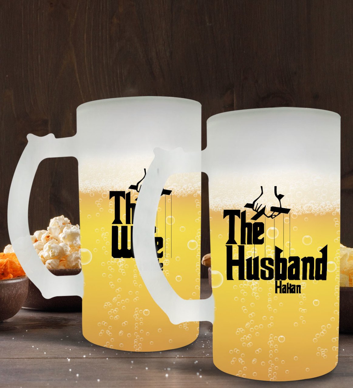 Kişiye Özel The Husband and The Wife Tasarımlı 2’li Buzlu Cam Bira Bardağı 50cl-1
