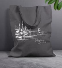BK Gift İstanbul Tasarımlı-5 Antrasit Kumaş Bez Çanta, Baskılı Omuz Çantası, Alışveriş Çantası, Anneye Hediye