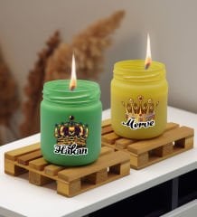 BK Gift Kişiye Özel DTF Kral ve Kraliçe Tacı 2’li Yeşil ve Sarı Renkli Cam Kavanozda Kokulu Mum-1, Arkadaşa Hediye, Sevgiliye Hediye