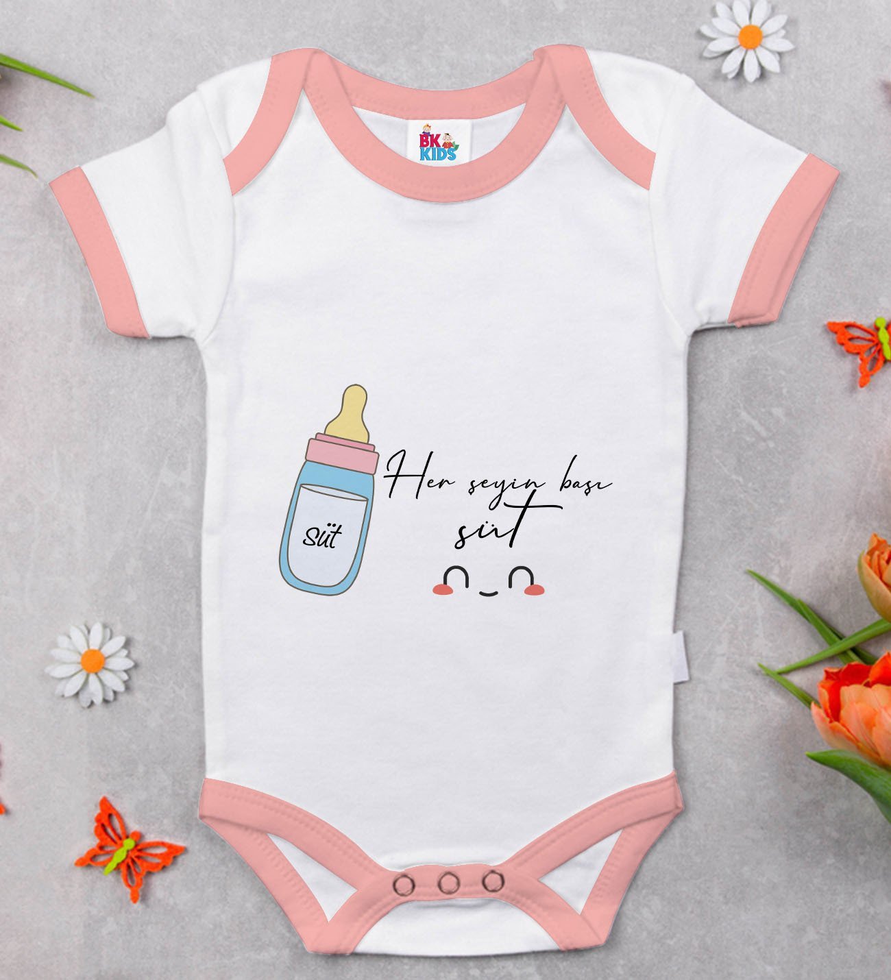 BK Kids Her Şeyin Başı Süt Tasarımlı Pembe Bebek Body Zıbın-1