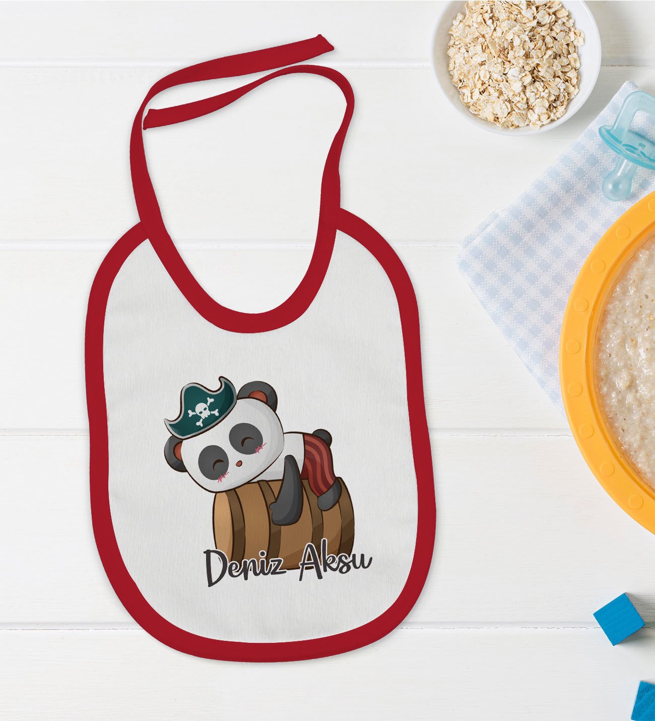 BK Kids Kişiye Özel Sevimli Korsan Tasarımlı Kırmızı Bebek Mama Önlüğü-4