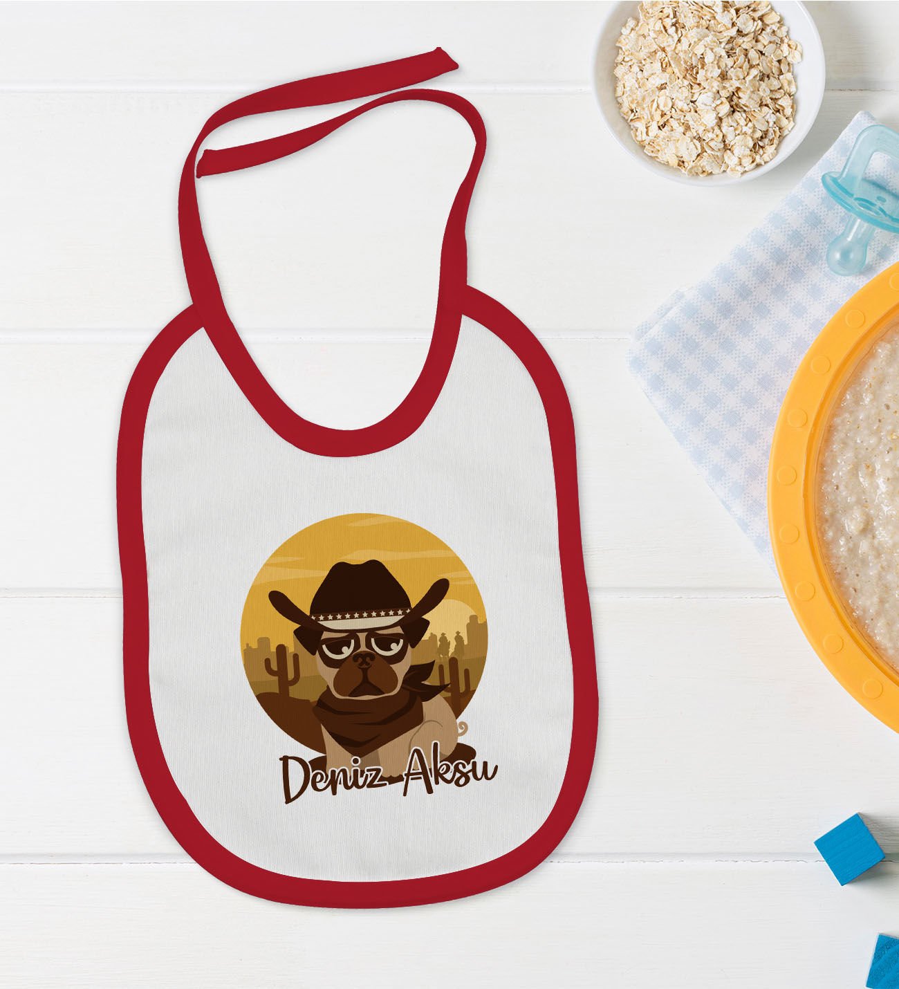 BK Kids Kişiye Özel Sevimli Kovboy Tasarımlı Kırmızı Bebek Mama Önlüğü-1