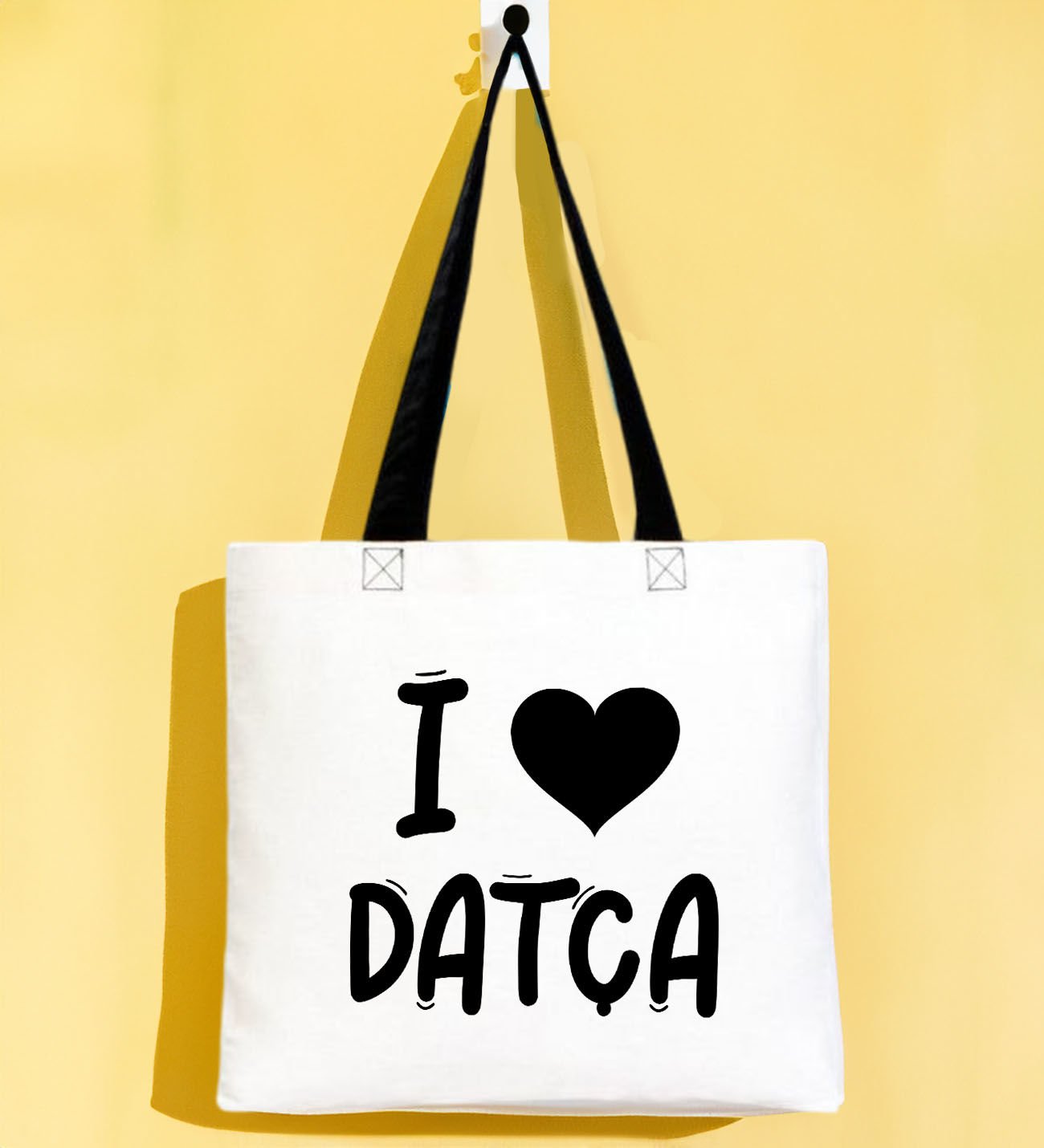 BK Gift I Love Datça Siyah Renkli Kulp Gabardin Bez Çanta 40x35cm, Baskılı Omuz Çantası, Alışveriş Çantası, Plaj Çantası