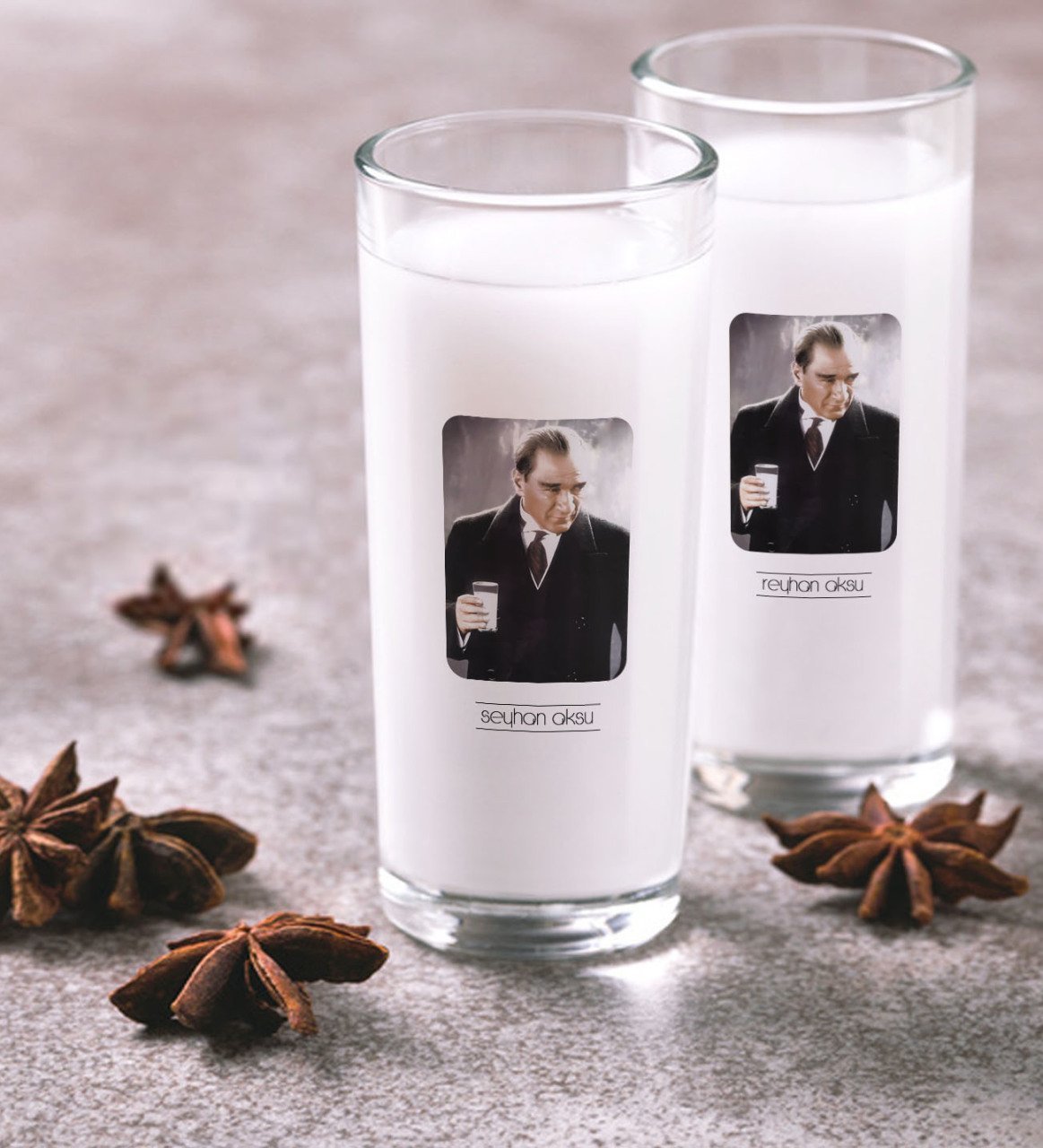 Kişiye Özel Renkli Baskılı Atatürk Temalı İkili Rakı Bardağı Seti-33