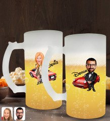 Kişiye Özel Erkek ve Kadın Patron Karikatürlü 2’li Buzlu Cam Bira Bardağı 50cl-1