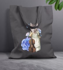 BK Gift Kedi Tasarımlı-3 Antrasit Kumaş Bez Çanta, Baskılı Omuz Çantası, Alışveriş Çantası, Anneye Hediye