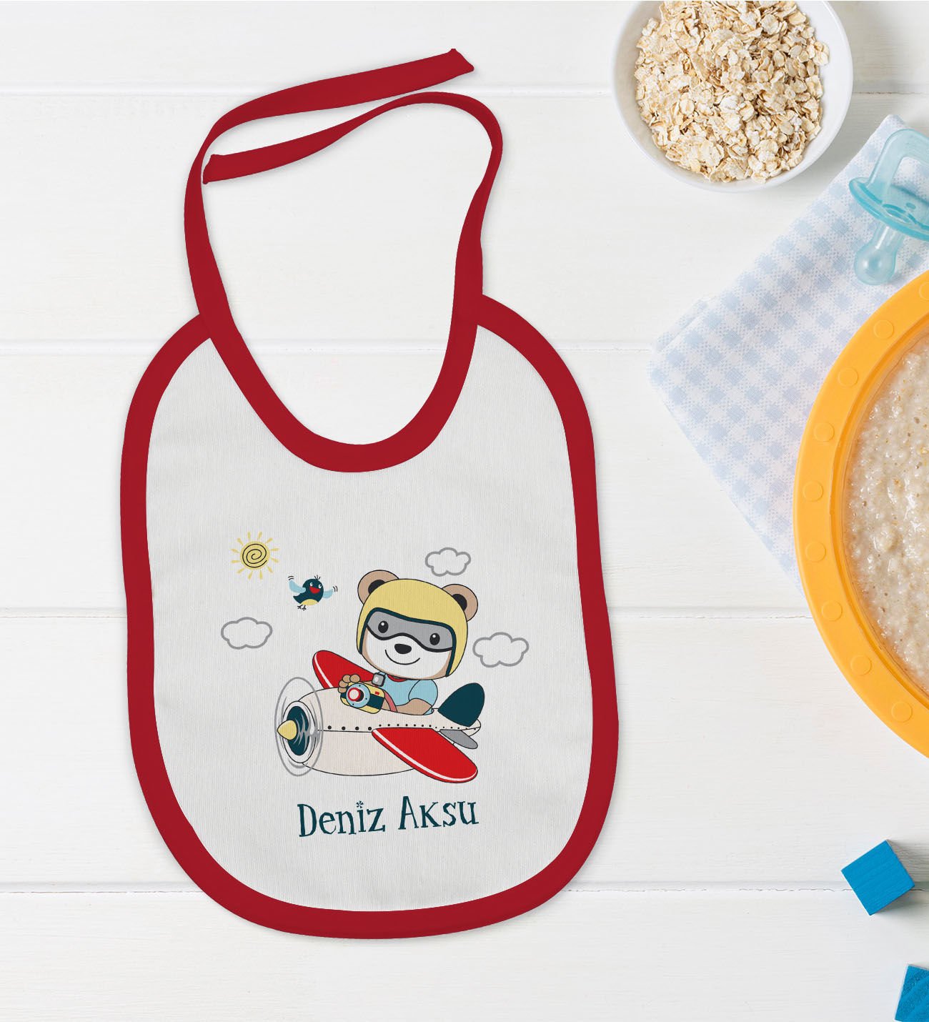 BK Kids Kişiye Özel Sevimli Pilot Tasarımlı Kırmızı Bebek Mama Önlüğü-1