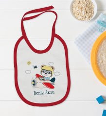 BK Kids Kişiye Özel Sevimli Pilot Tasarımlı Kırmızı Bebek Mama Önlüğü-1