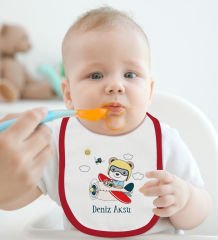 BK Kids Kişiye Özel Sevimli Pilot Tasarımlı Kırmızı Bebek Mama Önlüğü-1